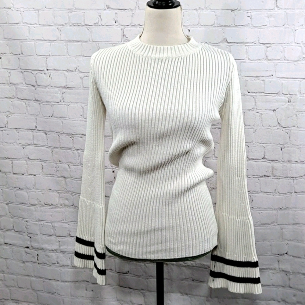 Solution White Knit Ribbed Bell Sleeve Sweater